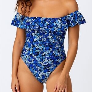 Nautica Blue Floral Off The Shoulder One Piece Swimsuit SIZE LARGE